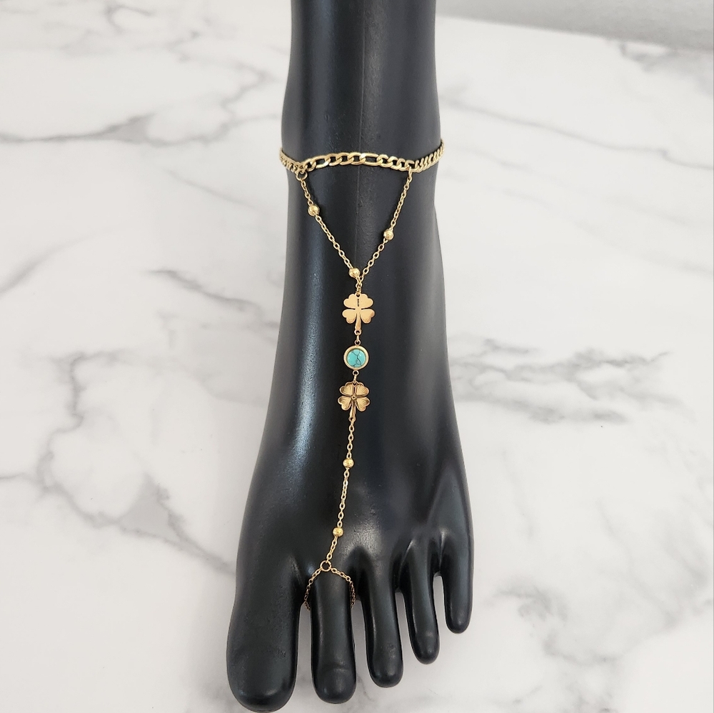 ​Y2K Gold Double Layer Foot Anklet Turquoise Clover Barefoot Chain Sandal - Picture 3 of 12